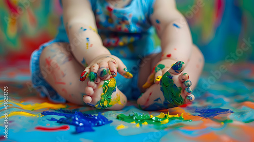 Artistic child Colorful childhood creative baby girl Early children education Creativity concept Little baby painting on doll Baby child draws with colored paints hands dirty feet and : Generative AI