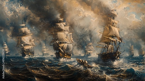 A historic naval battle scene, with tall ships engaged in fierce combat