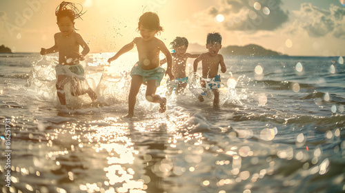 Group of Diversity little child boy and girl friends running and playing sea water at tropical beach together on summer vacation Happy children kids enjoy and fun outdoor lifestyle on : Generative AI