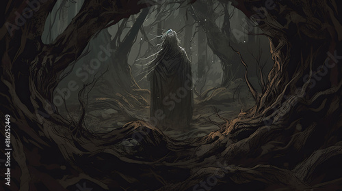 A figure cloaked in darkness, surrounded by twisted branches and gnarled roots of a haunted forest, moonlight barely piercing through the dense canopy, casting eerie shadows across their face, conveyi