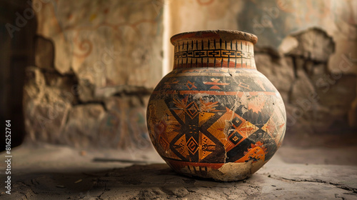 A cracked and weathered clay pot adorned with ancient geometric patterns in faded paint.