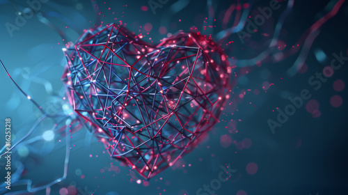 Luminescent geometric heart in blue digital environment