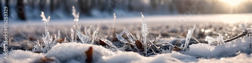 Panoramic view winter landscape, Frozen plants covered with ice and snow under sunlight, christmas wishes and greeting card