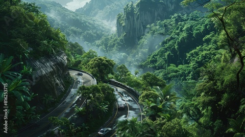 a mountainous, winding road. On a tight lane, there are two cars approaching each other to pass. a lush forest surrounds you. realistic