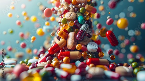 Colorful assortment of pills and capsules falling against blue background