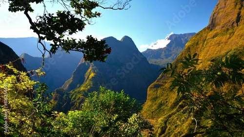 Beautiful scenery of the Cirque de Mafate, a caldera formed by the collapse of Piton des Neiges shield volcano, as seen from the hiking trail near Dos D'Âne village (Reunion Island)