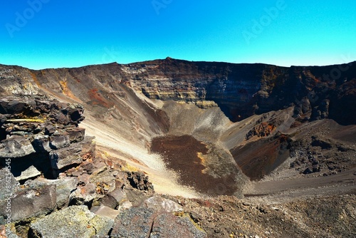 View of the Piton de la Fournaise ("Peak of the Furnace", an active shield volcano) crater taken from its rim (World Heritage Site, Reunion Island)