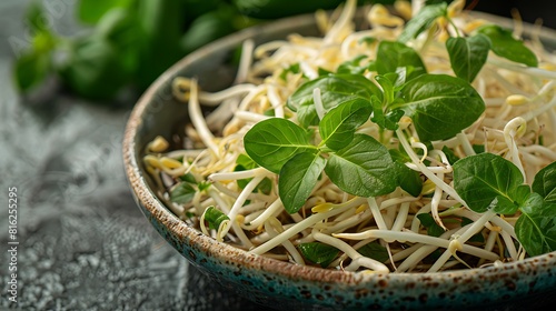 A closeup of Beef pho with bean sprouts and herbs