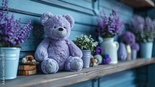 Lavender teddy bear and flower pots displayed on the shelf