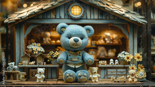 A clay children's room with blue teddy bear on the shelf, illustration 