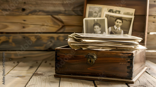 stack of old retro family sepia photos on table vintage wooden box with dear heart memorabilia concept of family tree genealogy home archive memory of ancestors childhood memories : Generative AI