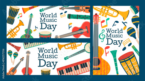 World music day. Posters, banner and flyer with musical instruments. Vector illustration in flat style.