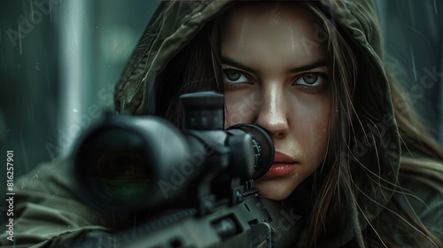 Woman sniper shooter in a professional forces specialist use hood wallpaper AI generated image