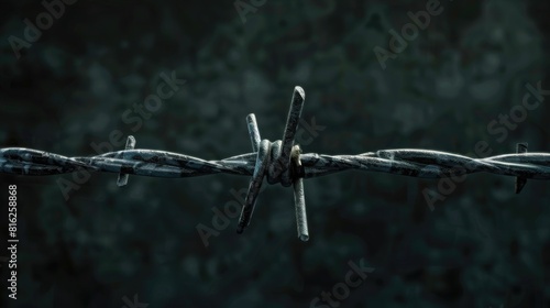 Close up view of glossy metal barbed wire on a dark backdrop