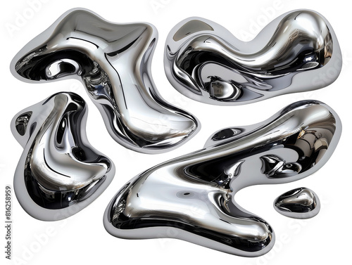 Y2K Melty chrome shapes isolated. Spilled liquid metal drops. Futuristic metallic puddles 