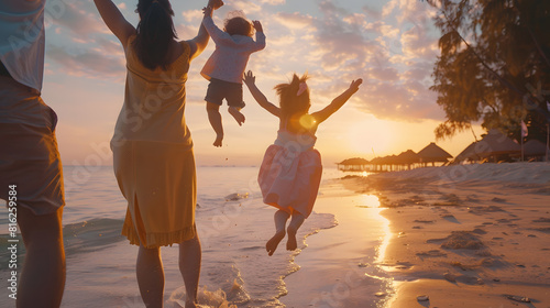 Child in the hands of parents jumps from dad to mom and laughs Happy family walk on the beach at sunset Child daughter mom dad play fun in park in park in sun Family fantasies childhoo : Generative AI