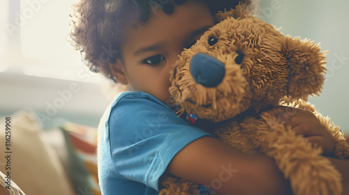 Hurt sensitive little biracial boy hug favorite plush toy suffering from family conflict and fight sad small kid hold embrace stuffed dog feel lonely being victim of parents arguments : Generative AI