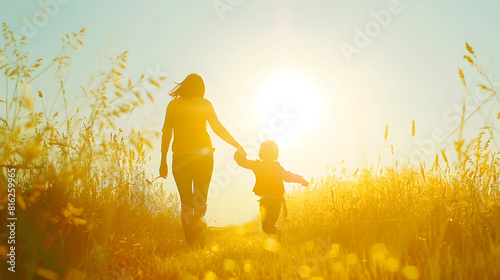 unrecognizable child and woman mother and son run across a yellow meadow towards the sun Happy childhood have fun on the walk Forward to a bright future back view Backlight and soft fo : Generative AI