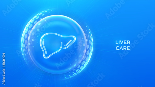 Liver care and protection. Healthy liver medical concept. Human liver anatomy organ icon inside protection sphere shield with hexagon pattern on blue background. Vector illustration.