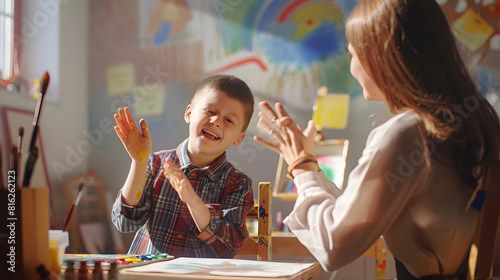 The teacher claps her hands and rejoices at the small victory of her student boy with down syndrome at painting studio for special need children Development of children with spesial ne : Generative AI
