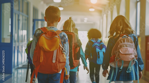 Back to school A group of schoolchildren with backpacks walk along the school corridor during recess Education and science concept : Generative AI