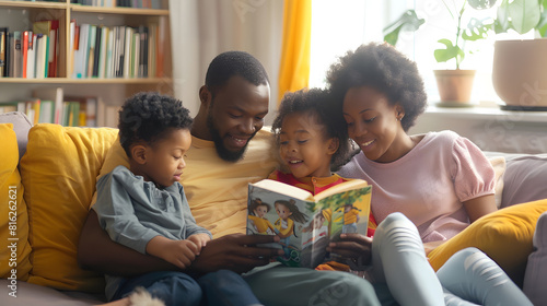 Positive engaged couple of parents teaching two cute kids to read book watching pictures telling funny fairytale relaxing on home couch hugging children enjoying literature hobby : Generative AI