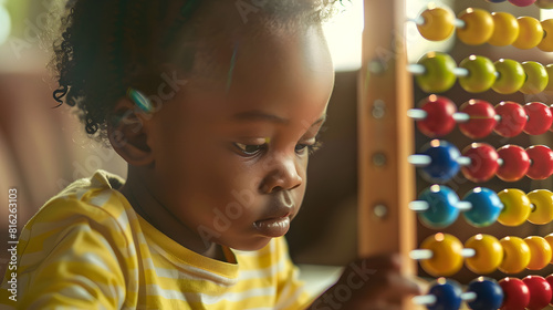 Cute little African child plays colorful wooden abacus toy educative educational learning counting math arithmetic numeracy early education childhood development growth curiosity ex : Generative AI