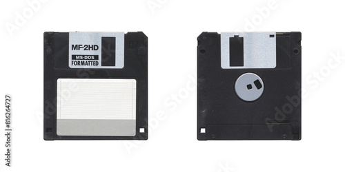 Isolated Retro 3.5” Floppy Disk with front and back side on transparent background, old vintage storage png diskette