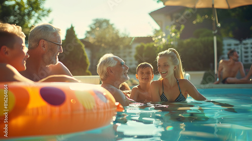 Multi generation family enjoying summer time sitting at backyard pool : Generative AI