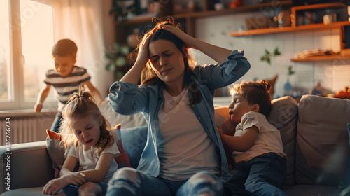 Young tired single mother suffers from headache closed eyes touch forehead sitting on couch while her daughter and son running around her and shouting female babysitter feels exhausted : Generative AI