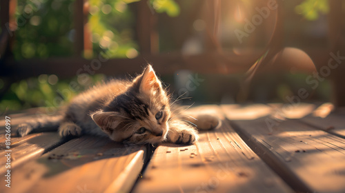 Little kitten toy laying on the laminate floor of gazebo in the garden in autumn day Somebody throw out it Concept of uselessness past childhood Close up image : Generative AI