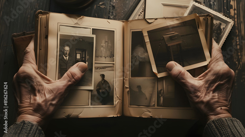 male hands holding an old retro album with vintage monochrome photographs in sepia color 19641965 the concept of genialogy memory of ancestors family ties childhood memories : Generative AI