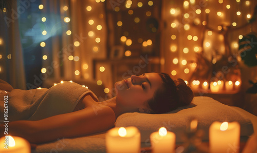 Woman enjoying relaxing spa massage in a warm atmosphere with candle light, generated ai