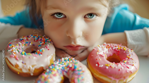 Diet for kids sad and unhappy child Child reaches donuts Tasty food for kids Kid is looking on doughnut junk food addiction : Generative AI