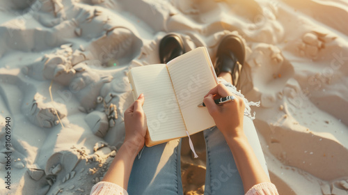 woman sitting with notebook on beach and writing memos in diary, person making notes in notepad, author writing book at sea coast