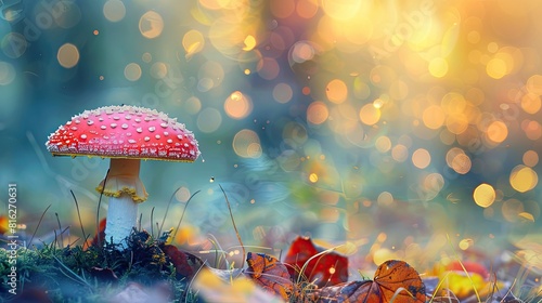 A red mushroom is on a patch of grass. The mushroom is surrounded by leaves and grass, and the leaves are falling from the tree. The image has a peaceful and serene mood