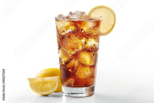 Long Island Iced tea cocktail decorated with a slice of lemon