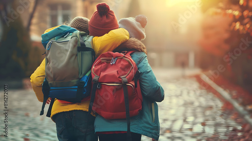 child schoolchildren with backpacks hug each other recess school yard teamwork school friends with school bags go lesson happy childhood with friends girl boy with a school backpack on : Generative AI