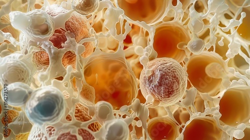A highly magnified image of healthy bone marrow cells, showing a detailed view of the spongy texture and cell structure, Close up