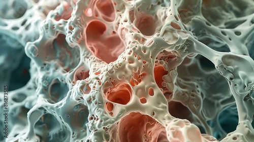 A highly magnified image of healthy bone marrow cells, showing a detailed view of the spongy texture and cell structure, Close up