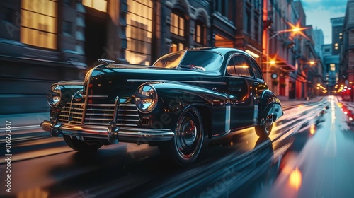A highstakes chase scene featuring a shiny classic car speeding through narrow streets, driven by a 1940s mafia boss escaping rival gangsters, Close up