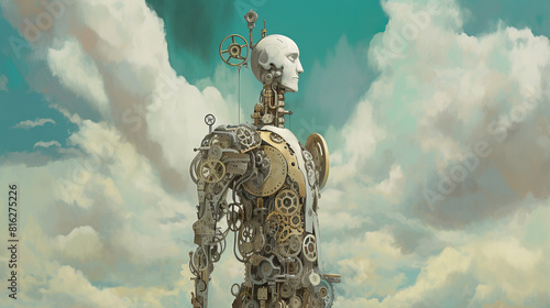 An image featuring a humanoid figure composed entirely of clockwork mechanisms, set against a blue sky with fluffy clouds, soft pastel colors infusing the scene with a dreamlike quality, evoking a sen