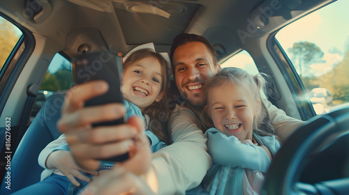 Happy young couple with two daughters inside car during auto trop They are smiling laughing and taking selfies using smartphone Family values traveling social media and new technology : Generative AI