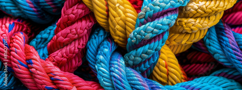 Abstract background with colorful ropes and knotted elements, symbolizing strength in unity, closeup shot.