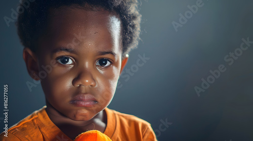 Portrait of upset little african child boy holding toy looking at camera sad sensitive small mixed race kid feel lonely hurt suffer from family conflicts fights parents divorce childre : Generative AI