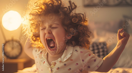 A sleepy child yawns with an alarm clock in his hands Early rise to school or kindergarten The kid was awakened early in the morning with tousled hair The little girl did not get enoug : Generative AI