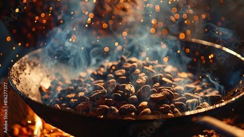 A pan of food is cooking on a stove, with smoke and steam rising from it