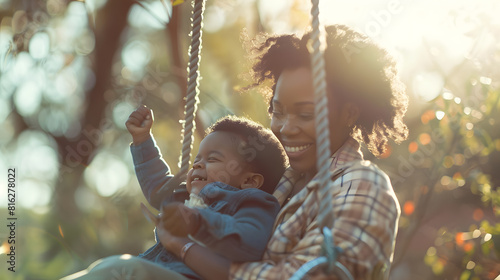 Happy african american mother and son swinging on tree swing in garden copy space motherhood childhood togetherness autumn and leisure unaltered : Generative AI