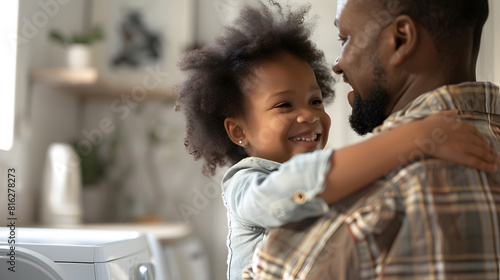 Side view of black child in casual clothes with curly hair smiling and embracing dad loading washing machine during household routine in morning at home : Generative AI