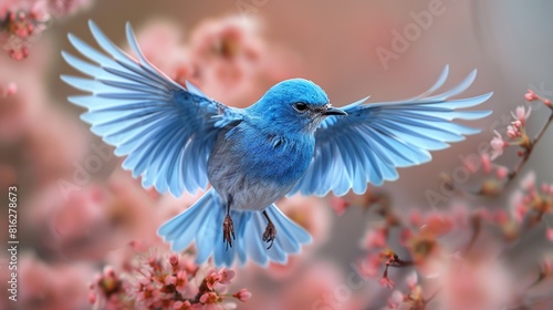 Majestic bluebird in flight among blossoms